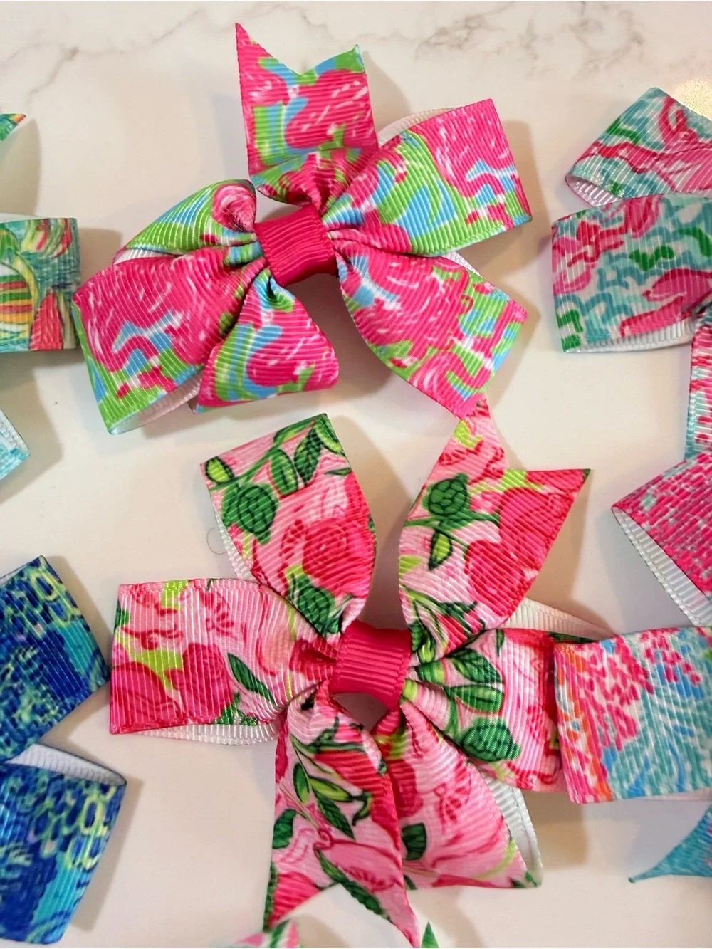 Kids Floral Pink Ribbon Hair Bows - Pack of 7